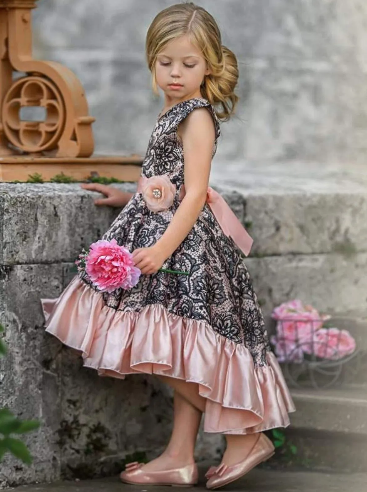 Girls Satin Printed Flutter Sleeve V-Neck Hi-Lo Dress with Ruffled Hem