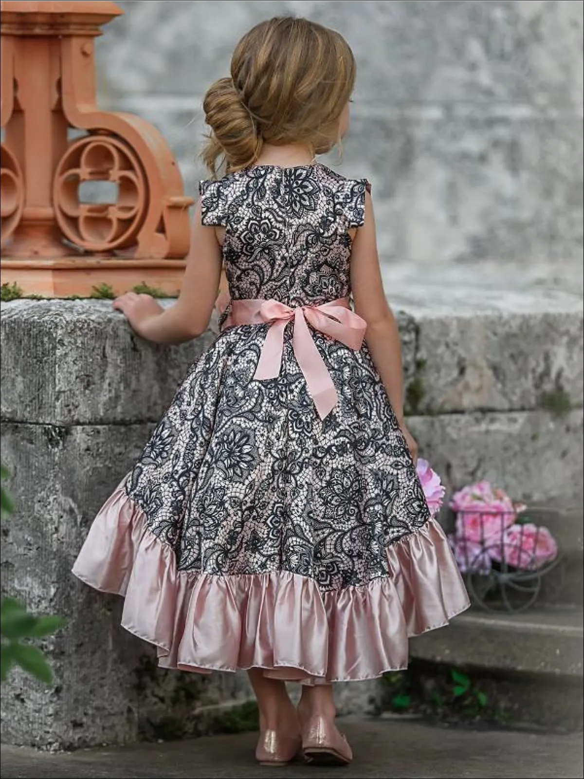 Girls Satin Printed Flutter Sleeve V-Neck Hi-Lo Dress with Ruffled Hem