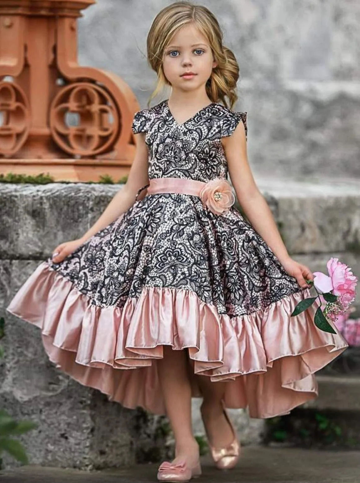 Girls Satin Printed Flutter Sleeve V-Neck Hi-Lo Dress with Ruffled Hem