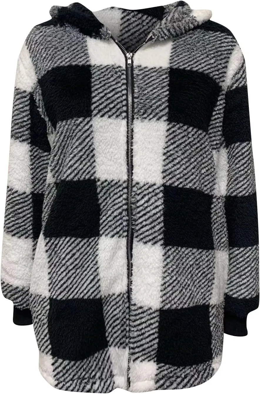 GOFULY Womens Winter Jackets Casual Plush Zip Up Hoodie Sherpa Cardigans Plaid 2024 Fall Coatigan With Pockets Clothes Baggy