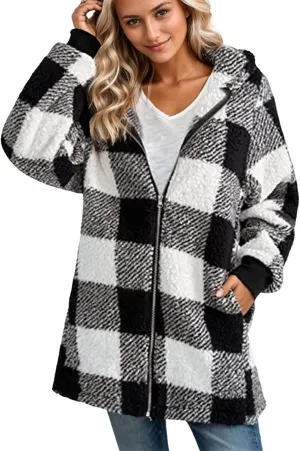 GOFULY Womens Winter Jackets Casual Plush Zip Up Hoodie Sherpa Cardigans Plaid 2024 Fall Coatigan With Pockets Clothes Baggy