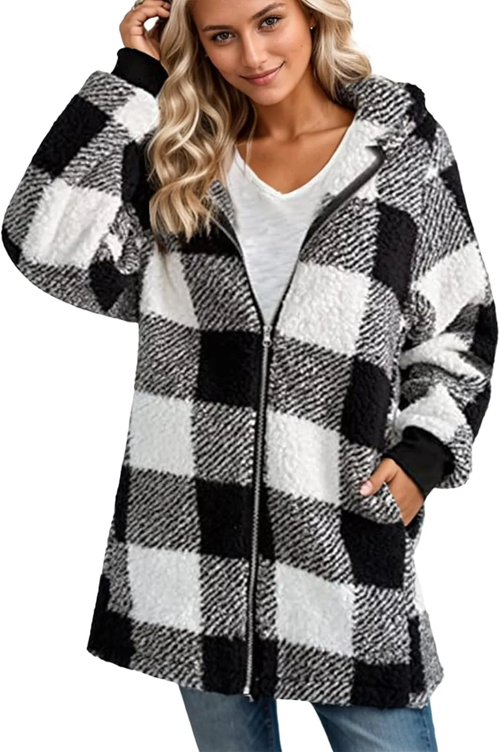 GOFULY Womens Winter Jackets Casual Plush Zip Up Hoodie Sherpa Cardigans Plaid 2024 Fall Coatigan With Pockets Clothes Baggy