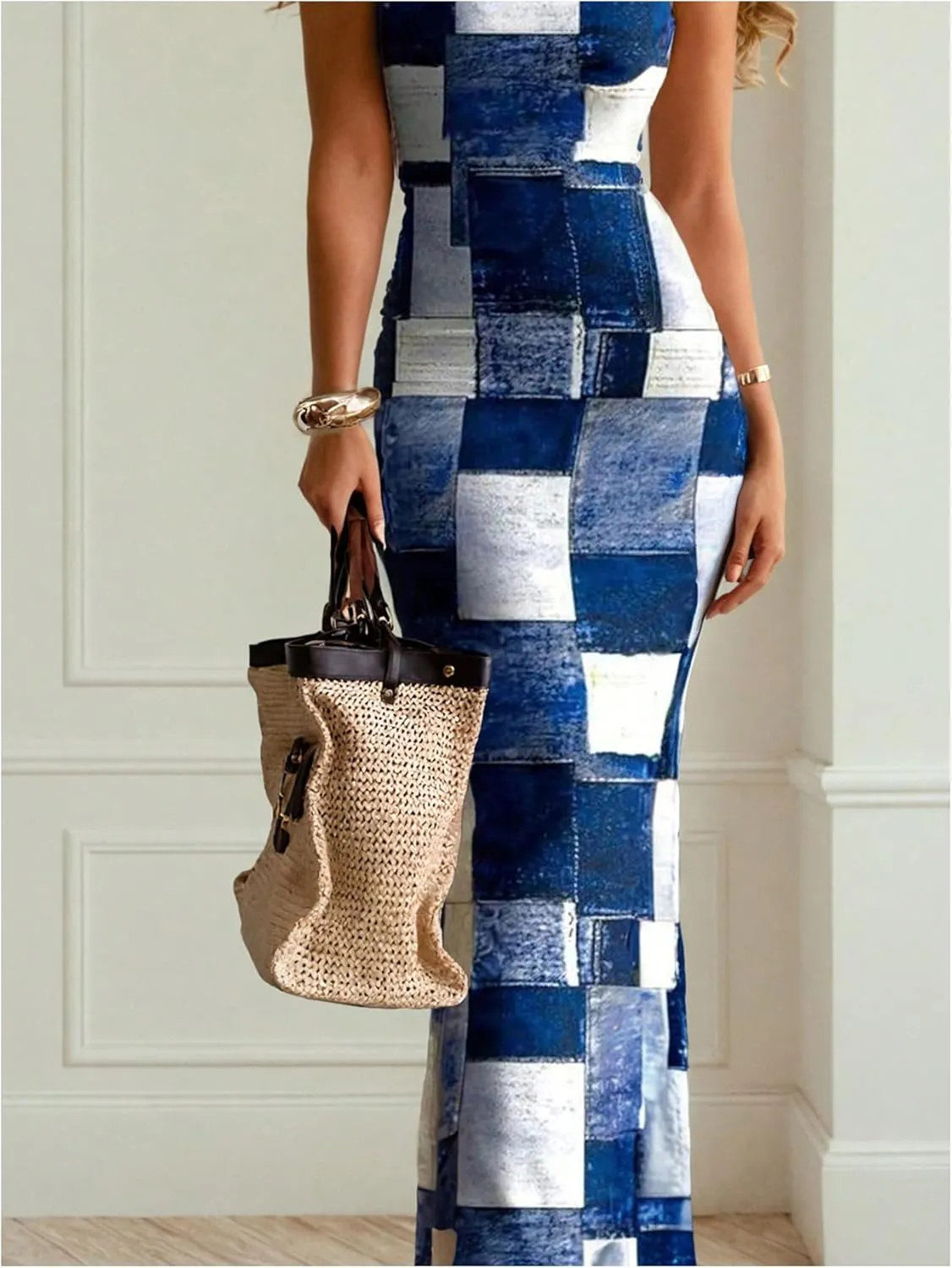 GORGLITTER Women's Checkered Plaid Maxi Bodycon Dress Patchwork Sleeveless Mermaid Long Dresses