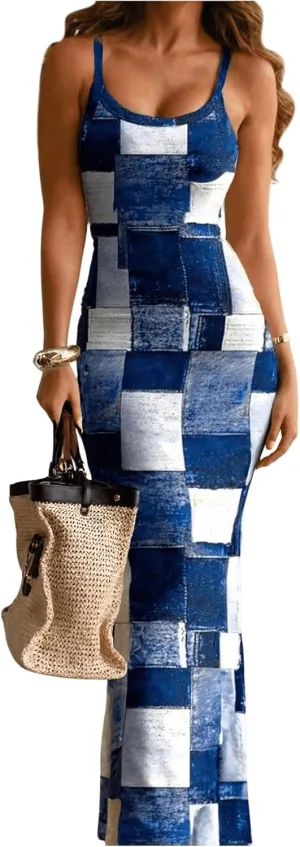 GORGLITTER Women's Checkered Plaid Maxi Bodycon Dress Patchwork Sleeveless Mermaid Long Dresses