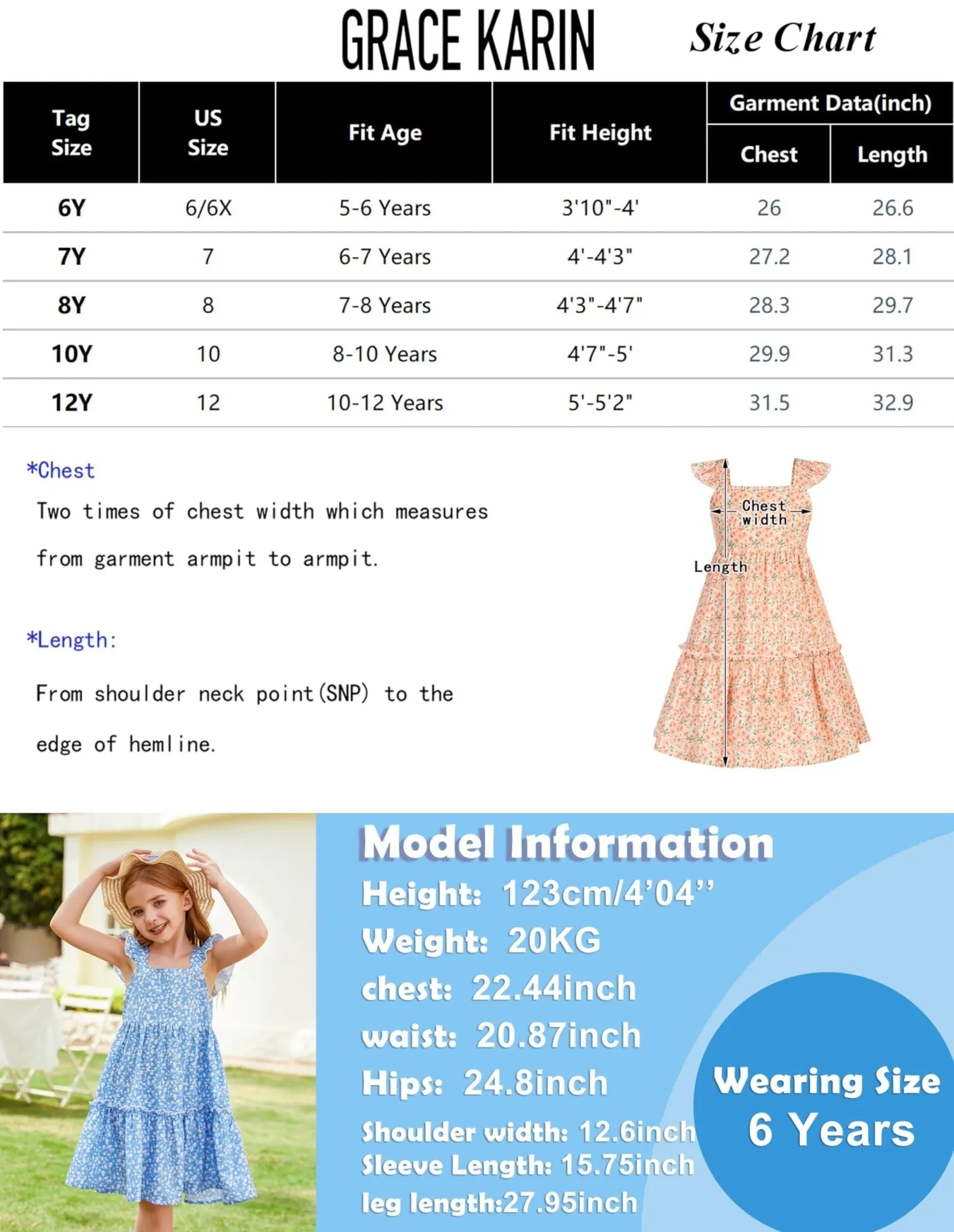 GRACE KARIN Girls A-line Floral Dress Girls Summer Beach Dress Blue Floral 12Y