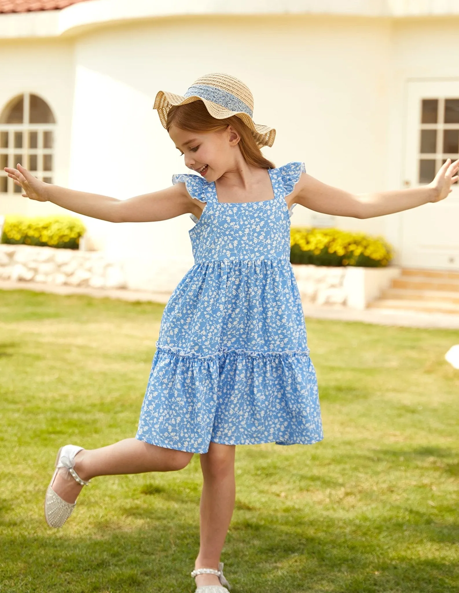 GRACE KARIN Girls A-line Floral Dress Girls Summer Beach Dress Blue Floral 12Y