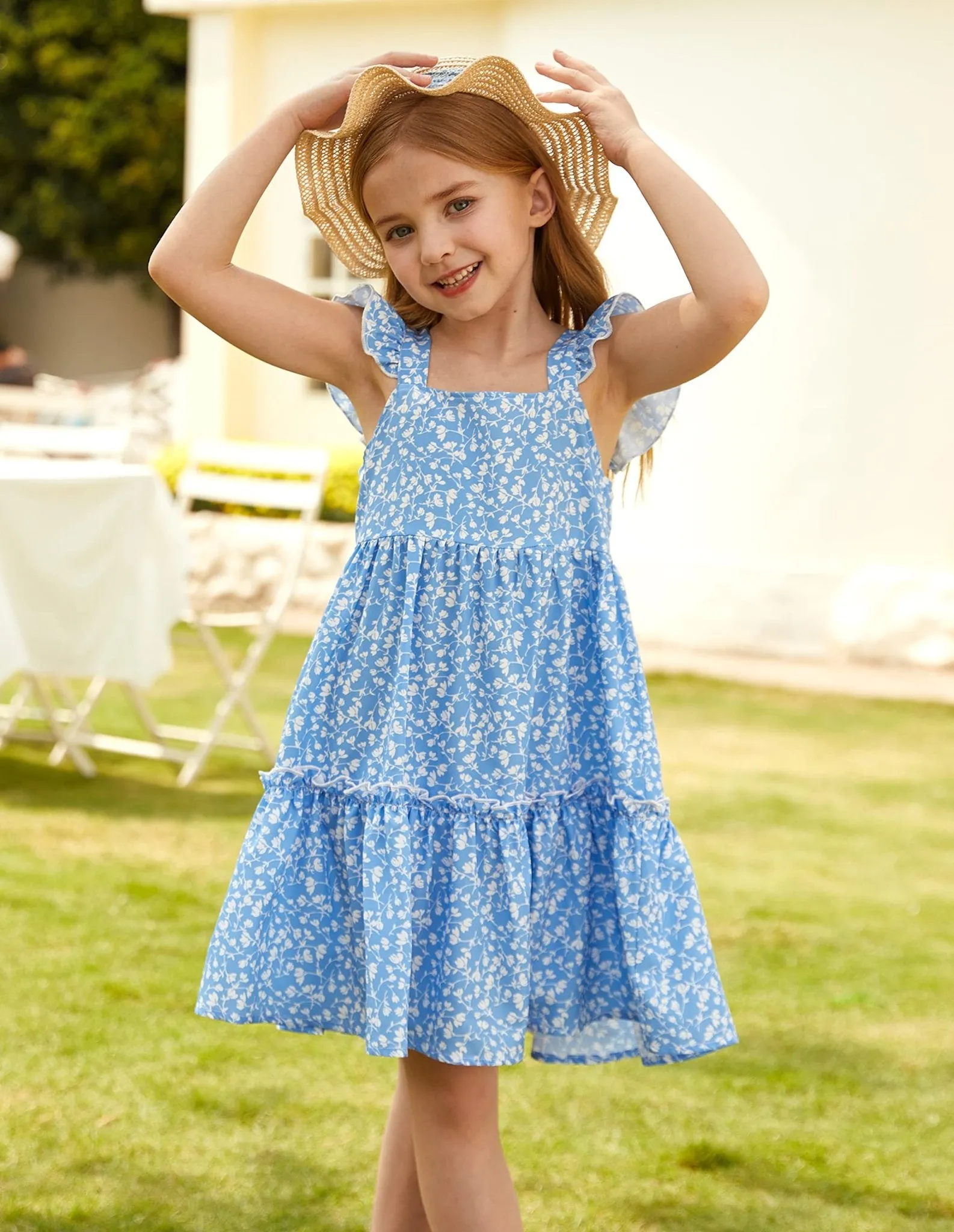 GRACE KARIN Girls A-line Floral Dress Girls Summer Beach Dress Blue Floral 12Y