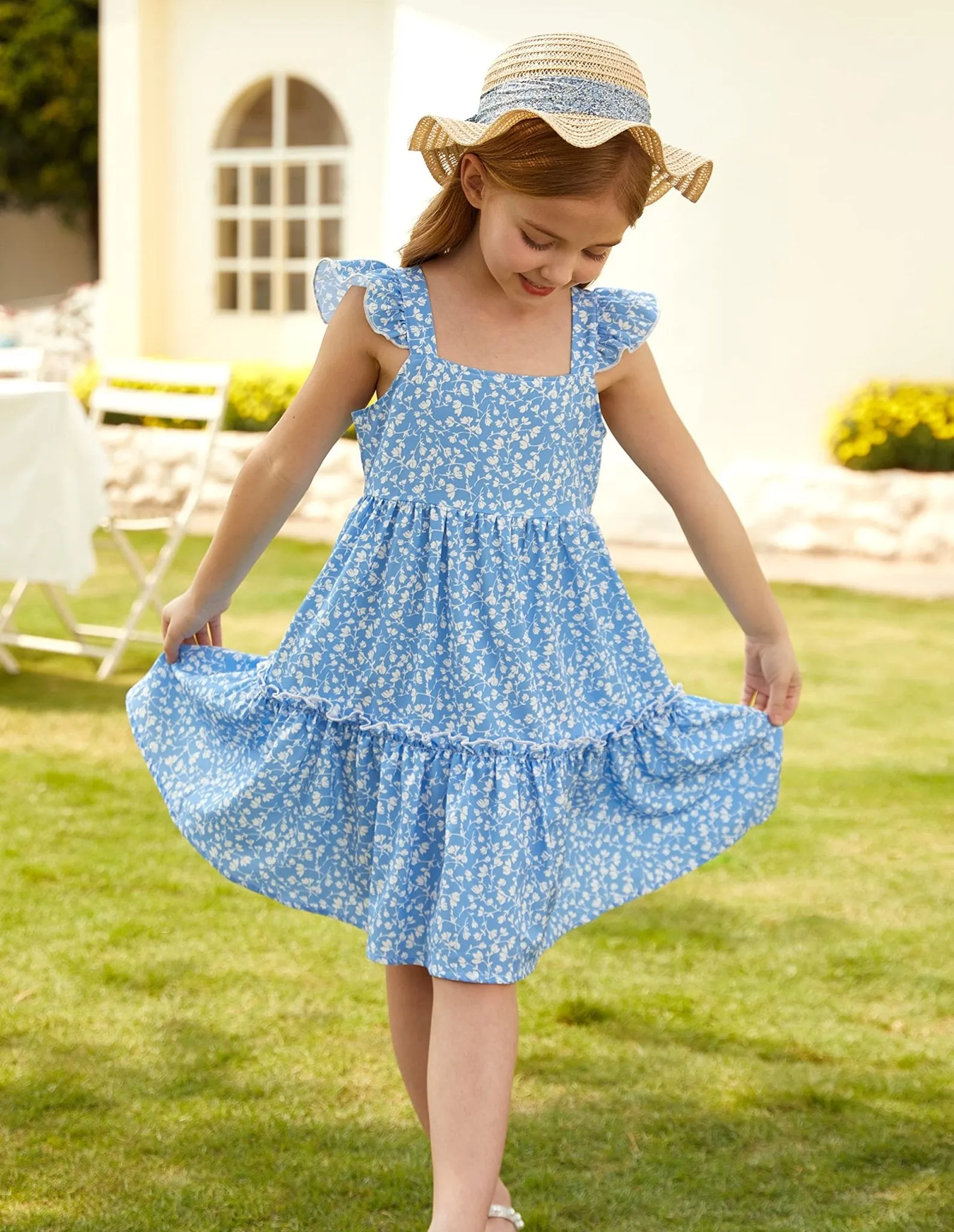 GRACE KARIN Girls A-line Floral Dress Girls Summer Beach Dress Blue Floral 12Y