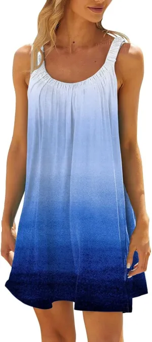 Hawaiian Dresses for Women Cute Summer Gradient Color Block Sleeveless Short Sundresses Travel Spring Break Clothes