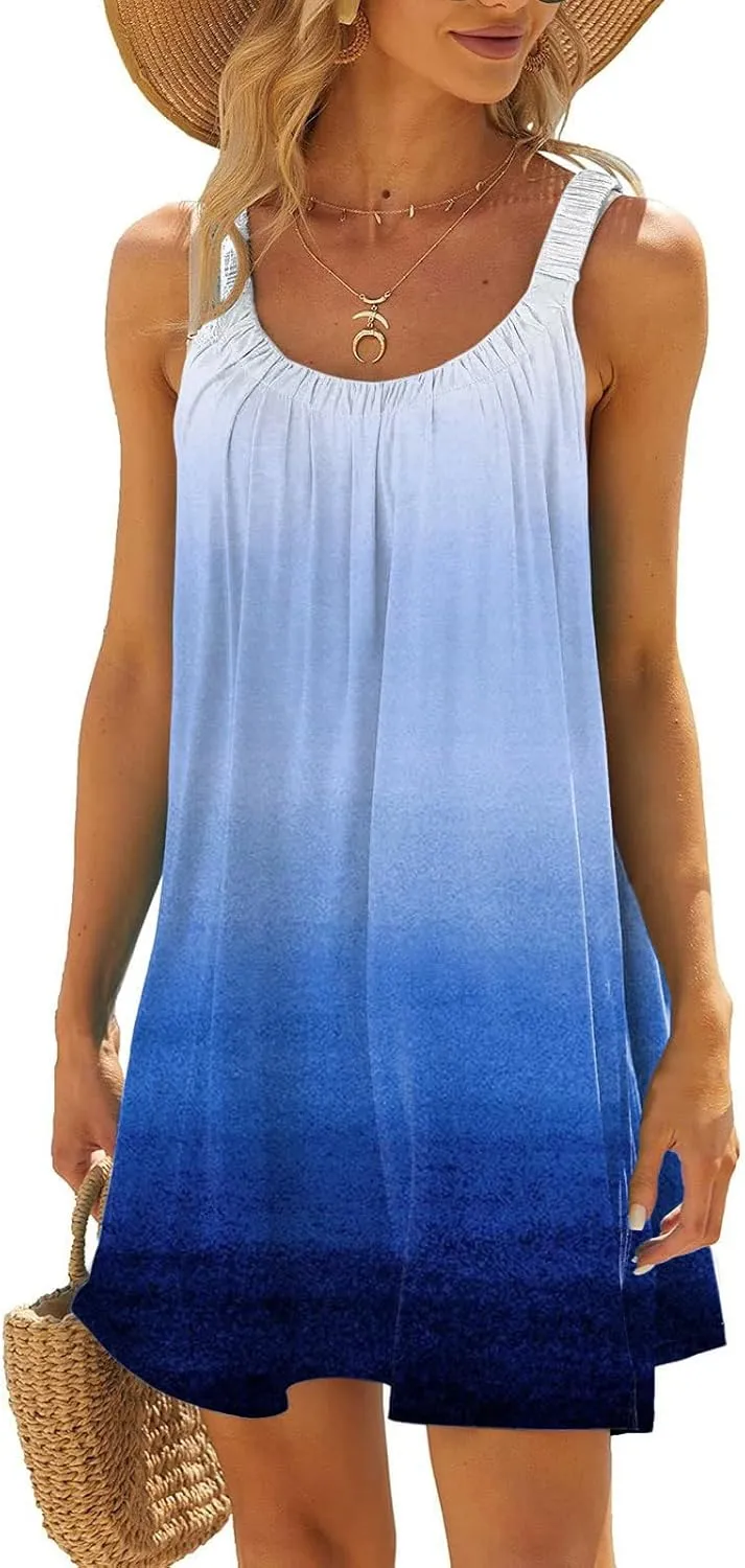 Hawaiian Dresses for Women Cute Summer Gradient Color Block Sleeveless Short Sundresses Travel Spring Break Clothes