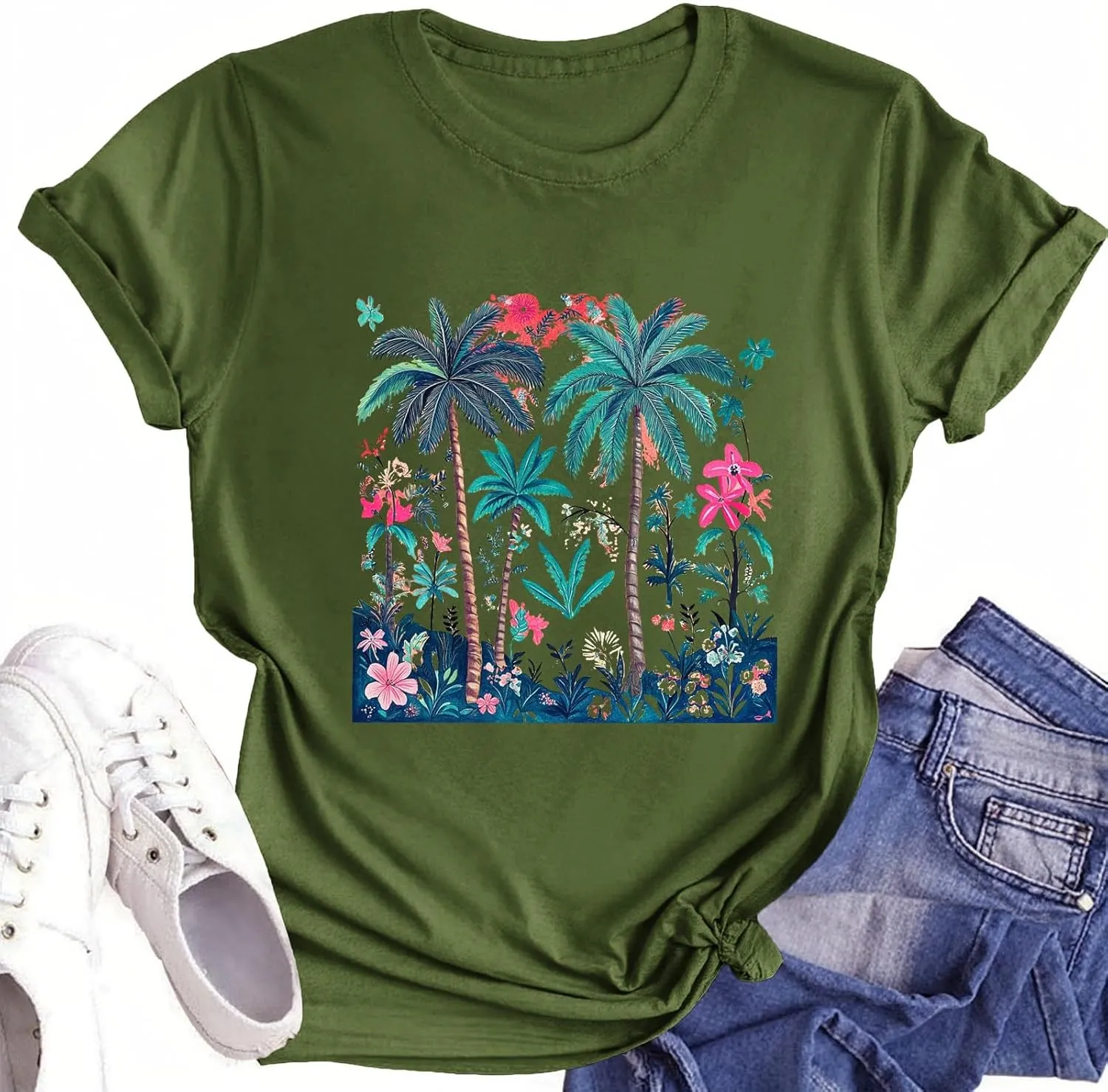 Hawaiian Shirts for Women Palm Trees Graphic Tees Summer Beach Vacation Tops Casual Cotton Short Sleeve T-Shirt