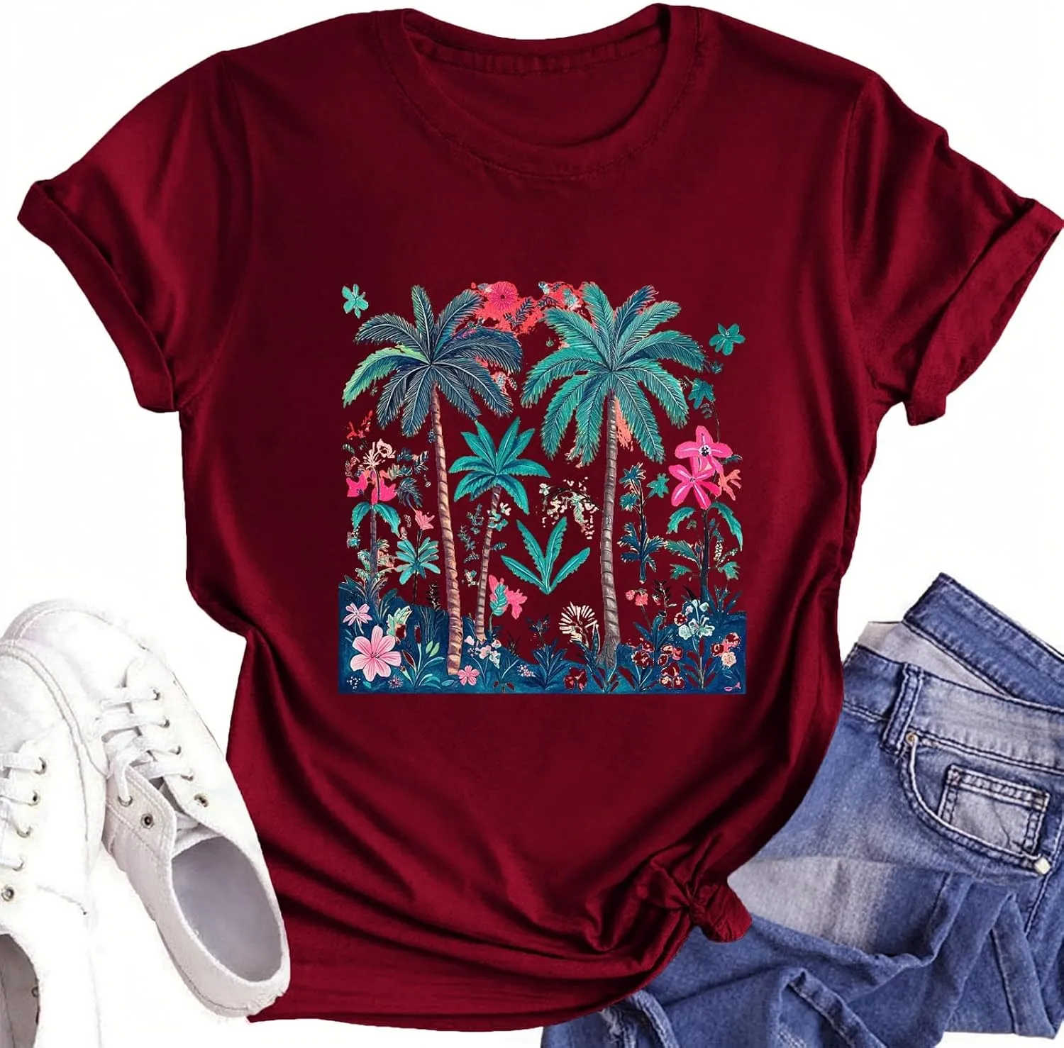 Hawaiian Shirts for Women Palm Trees Graphic Tees Summer Beach Vacation Tops Casual Cotton Short Sleeve T-Shirt