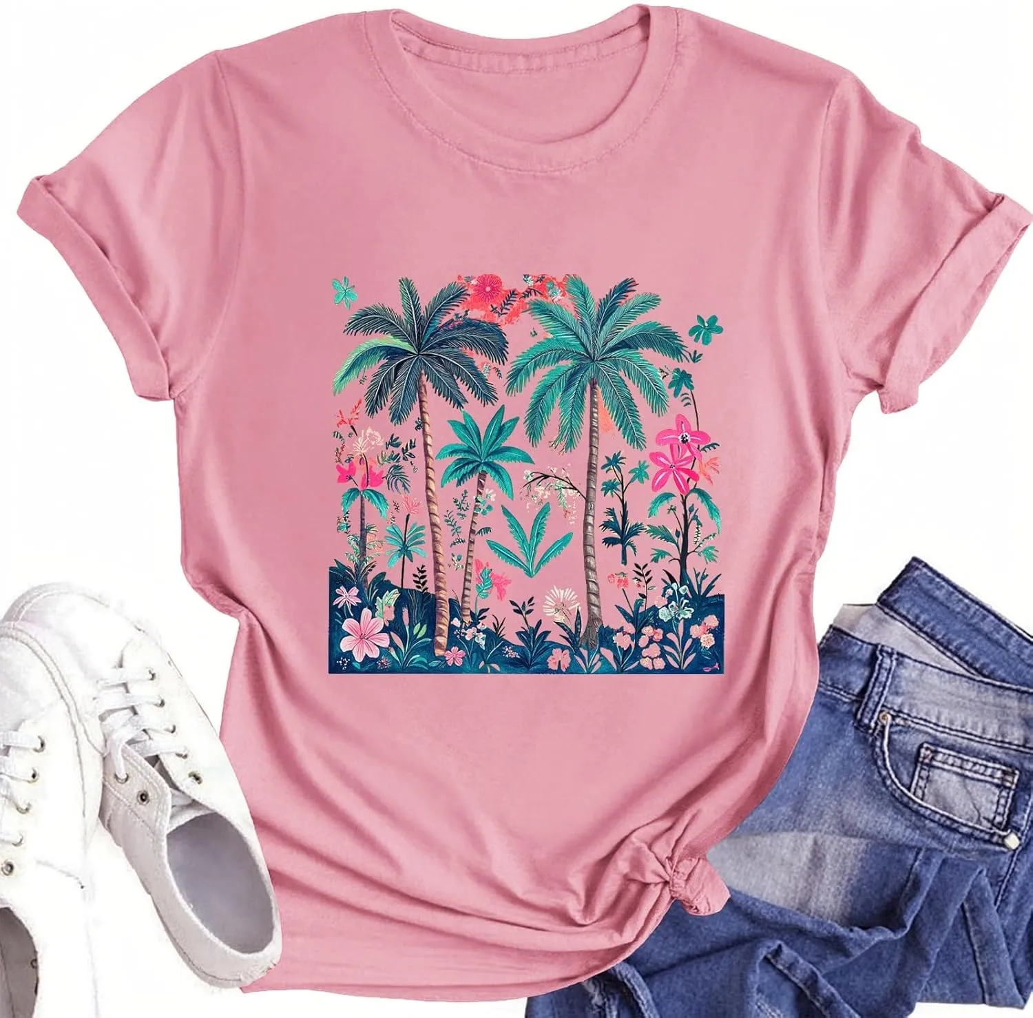 Hawaiian Shirts for Women Palm Trees Graphic Tees Summer Beach Vacation Tops Casual Cotton Short Sleeve T-Shirt