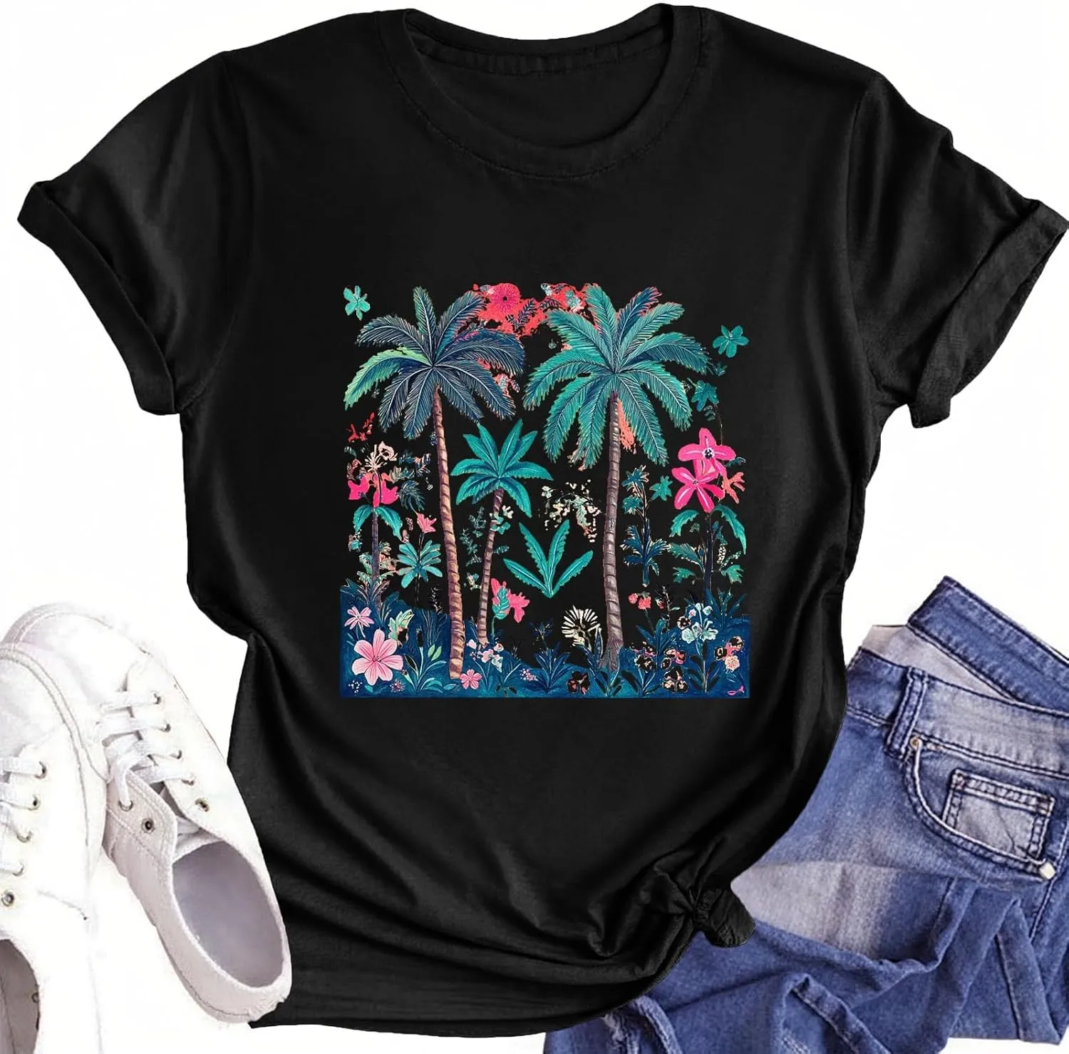 Hawaiian Shirts for Women Palm Trees Graphic Tees Summer Beach Vacation Tops Casual Cotton Short Sleeve T-Shirt
