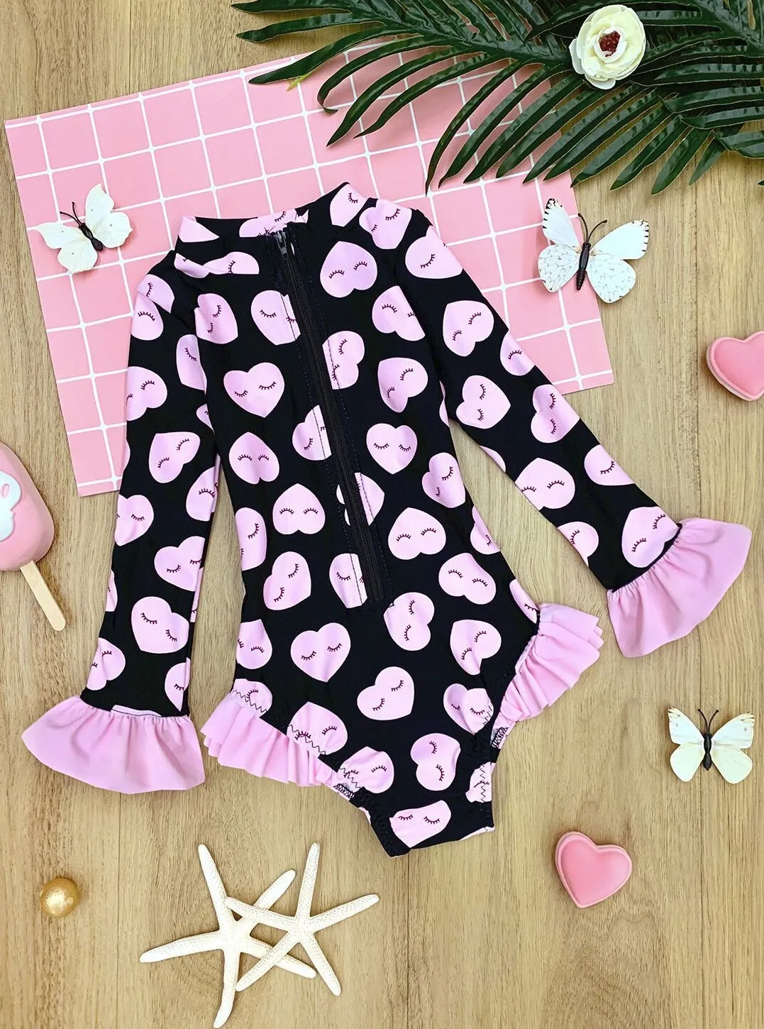 Hearts Galore Rash Guard One Piece Swimsuit