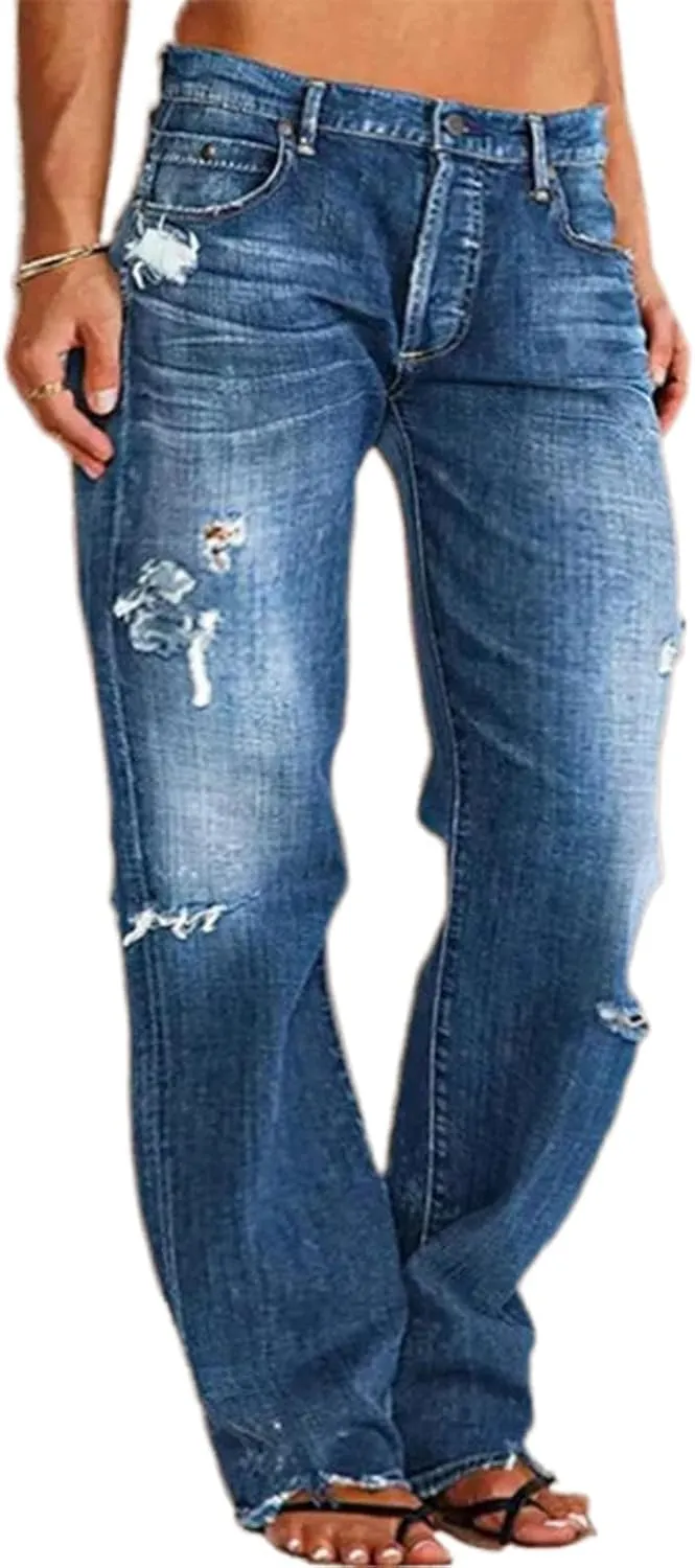 High Waisted Jeans for Women 2025 Loose Distressed Ripped Stretchy Straight Leg Boyfriend Denim Pants