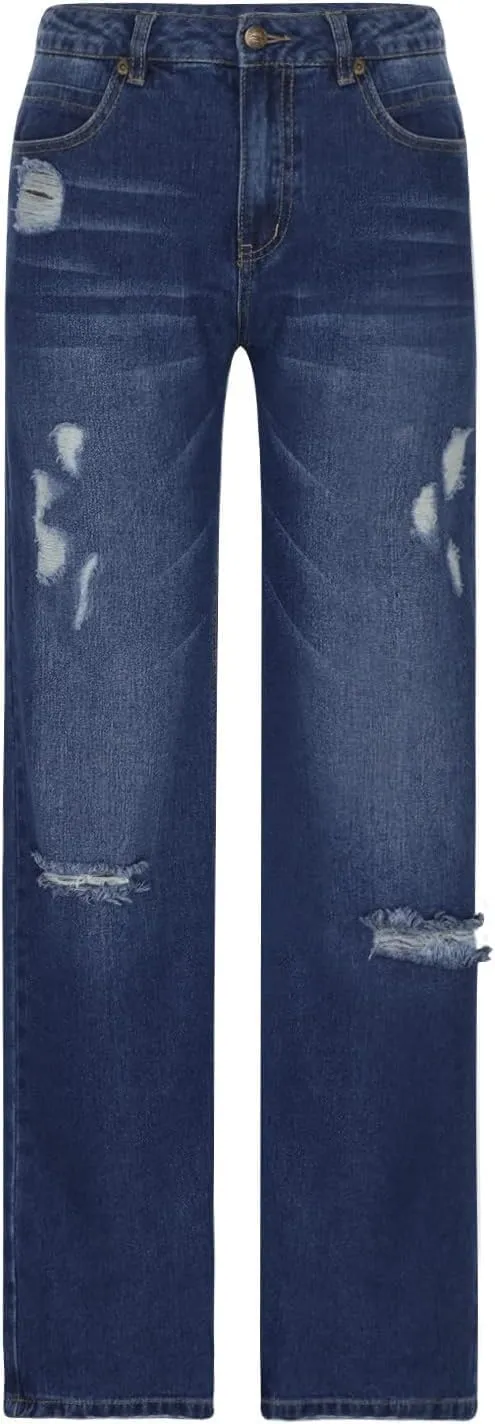 High Waisted Jeans for Women 2025 Loose Distressed Ripped Stretchy Straight Leg Boyfriend Denim Pants