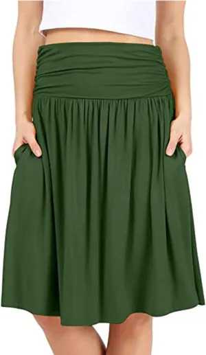 High Waisted Summer Skirts for Women 2025 Casual Below The Knee Length Pull On Smocked Cotton Midi Skirts with Pockets