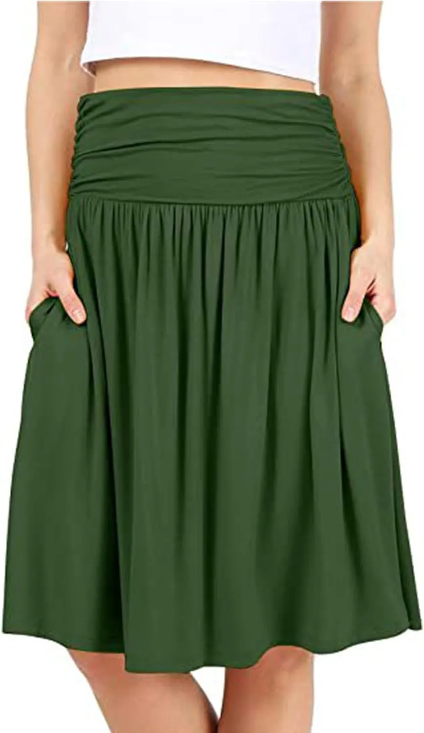 High Waisted Summer Skirts for Women 2025 Casual Below The Knee Length Pull On Smocked Cotton Midi Skirts with Pockets
