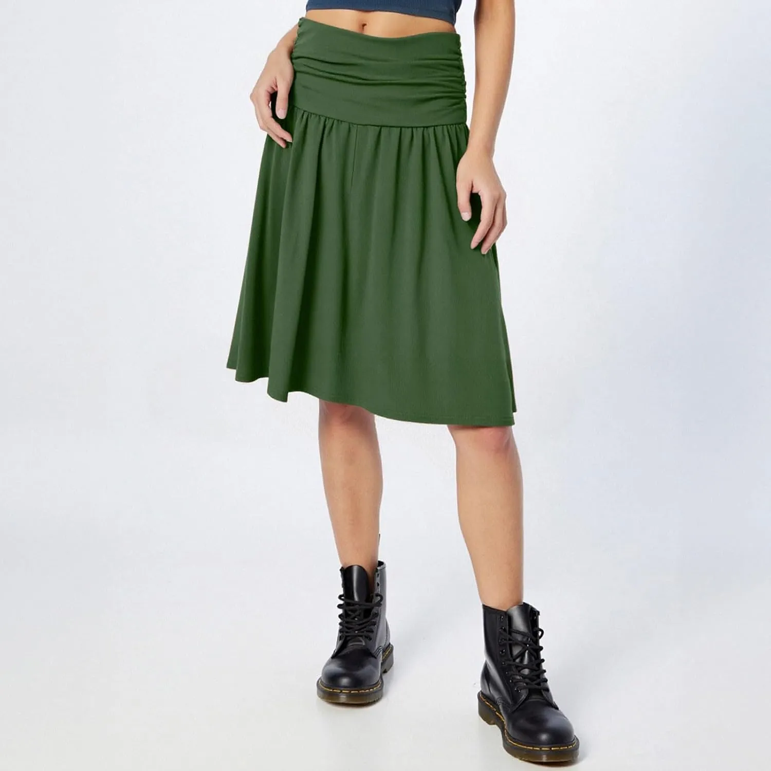 High Waisted Summer Skirts for Women 2025 Casual Below The Knee Length Pull On Smocked Cotton Midi Skirts with Pockets