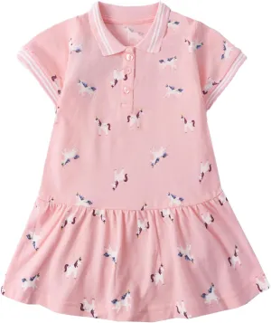 HILEELANG Girl Easter Polo Dress Short Sleeve Cotton Casual Button Closure School Playwear Ruffle Dresses