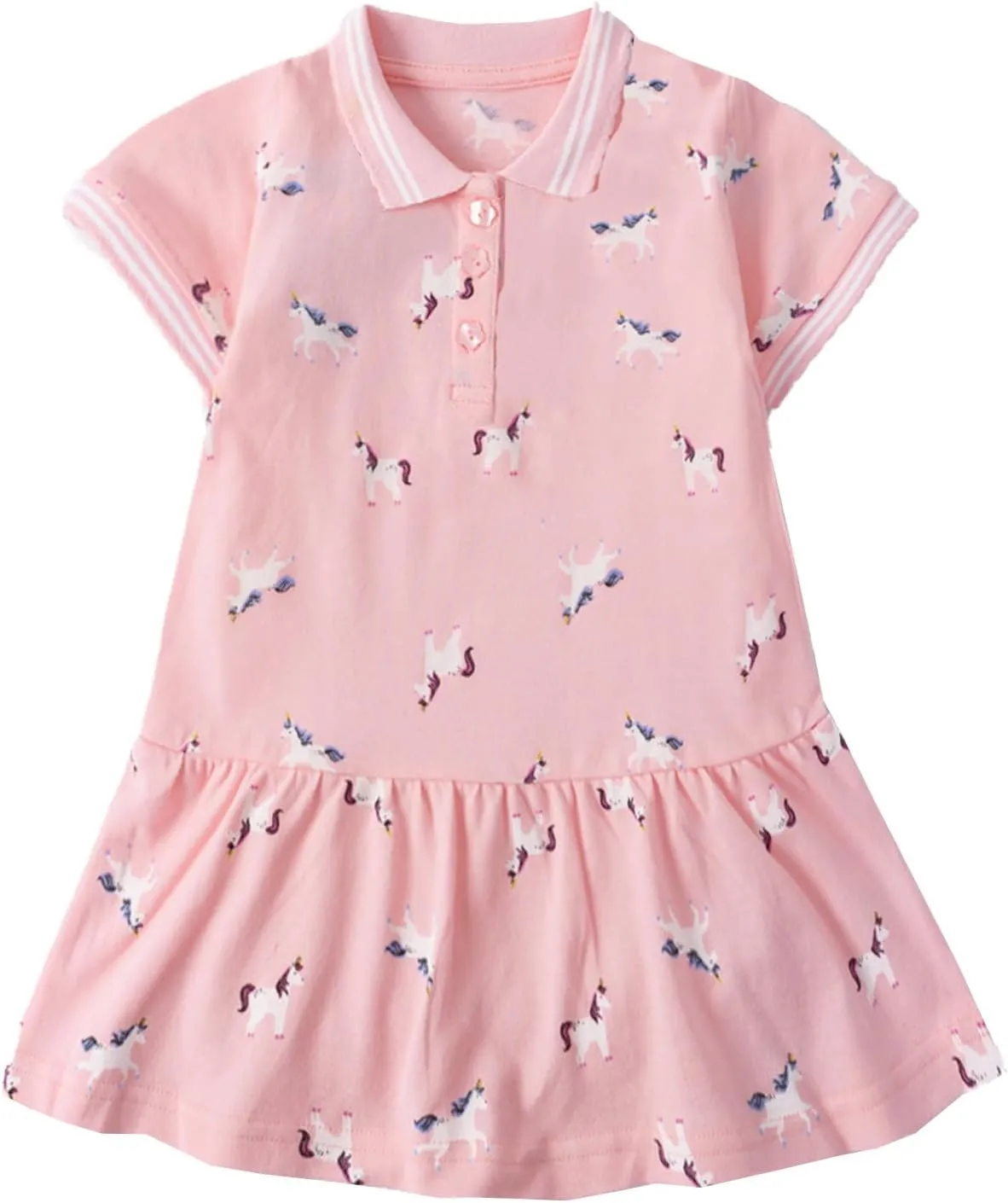 HILEELANG Girl Easter Polo Dress Short Sleeve Cotton Casual Button Closure School Playwear Ruffle Dresses