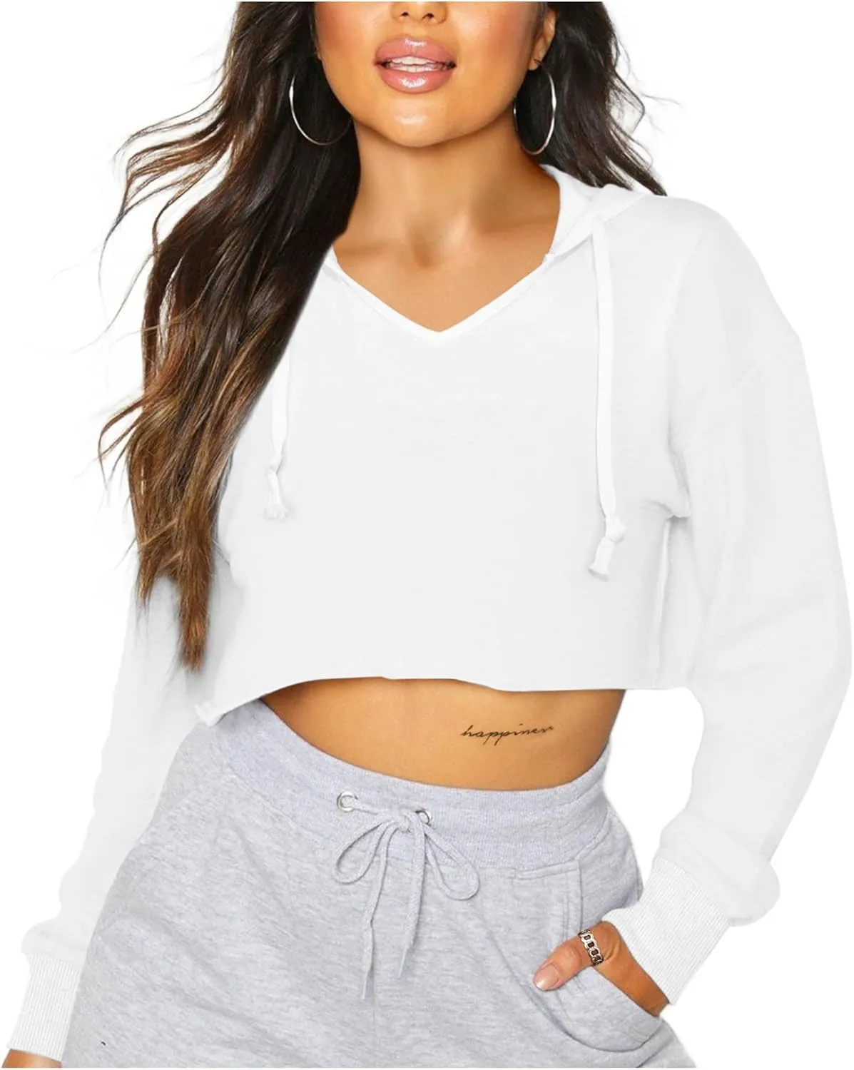 Hilinker Womens Cropped Hoodies V Neck Sweatshirt Pullover Long Sleeve Crop Tops
