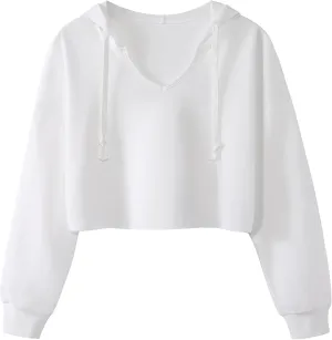 Hilinker Womens Cropped Hoodies V Neck Sweatshirt Pullover Long Sleeve Crop Tops