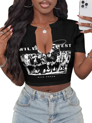 Hilinker Women's Graphic Crop Tops Sexy Short Sleeve V Neck T Shirts Summer Tees