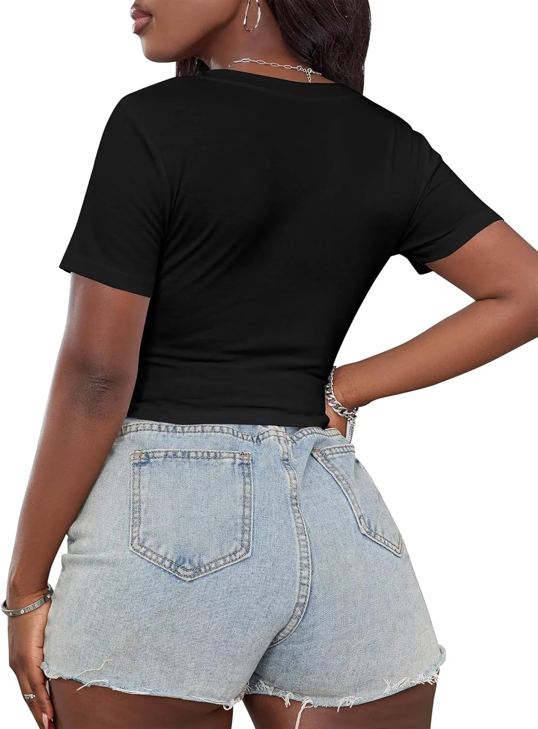 Hilinker Women's Graphic Crop Tops Sexy Short Sleeve V Neck T Shirts Summer Tees