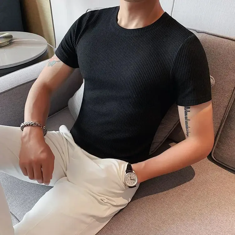 Hnzxzm Korean Fashion Summer New Slim Fit Men's Round Neck Short Sleeved T-shirt Solid Cotton Casual Waffle Tight Elastic Bottom Tops