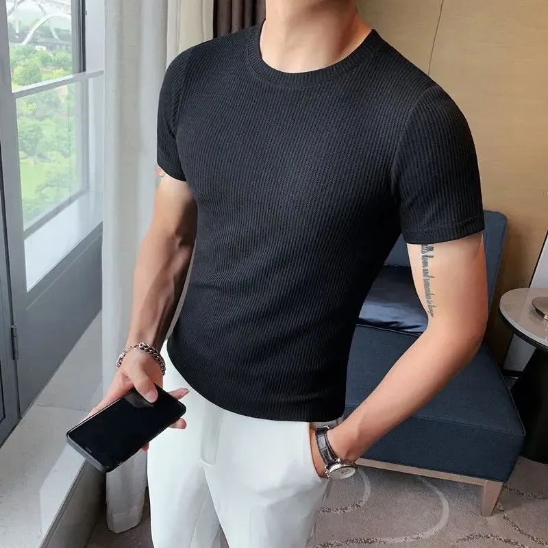 Hnzxzm Korean Fashion Summer New Slim Fit Men's Round Neck Short Sleeved T-shirt Solid Cotton Casual Waffle Tight Elastic Bottom Tops