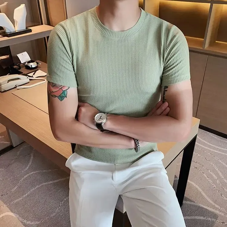 Hnzxzm Korean Fashion Summer New Slim Fit Men's Round Neck Short Sleeved T-shirt Solid Cotton Casual Waffle Tight Elastic Bottom Tops
