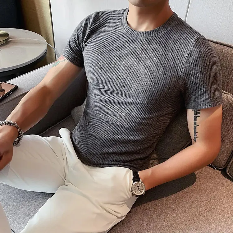 Hnzxzm Korean Fashion Summer New Slim Fit Men's Round Neck Short Sleeved T-shirt Solid Cotton Casual Waffle Tight Elastic Bottom Tops