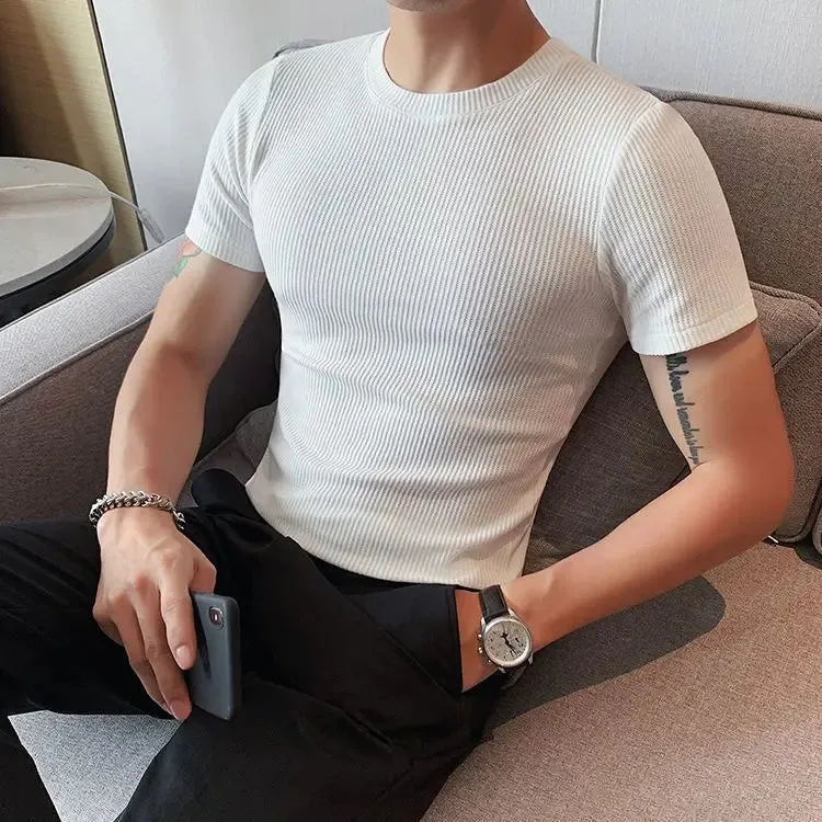 Hnzxzm Korean Fashion Summer New Slim Fit Men's Round Neck Short Sleeved T-shirt Solid Cotton Casual Waffle Tight Elastic Bottom Tops