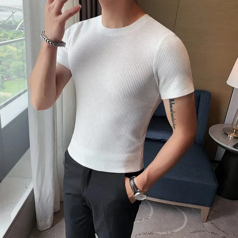 Hnzxzm Korean Fashion Summer New Slim Fit Men's Round Neck Short Sleeved T-shirt Solid Cotton Casual Waffle Tight Elastic Bottom Tops