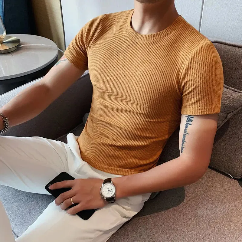 Hnzxzm Korean Fashion Summer New Slim Fit Men's Round Neck Short Sleeved T-shirt Solid Cotton Casual Waffle Tight Elastic Bottom Tops