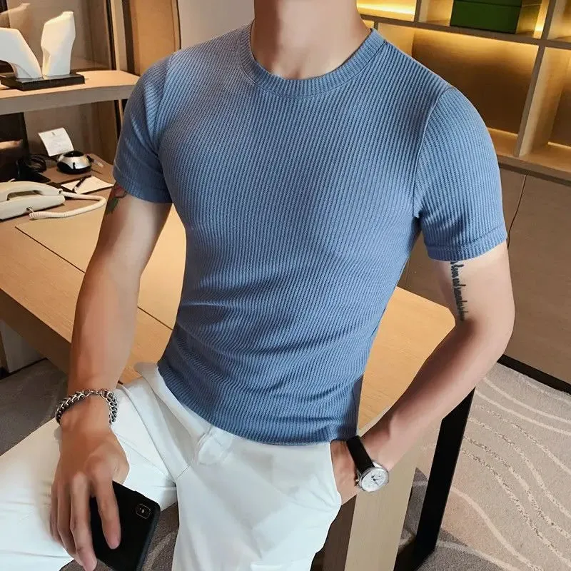 Hnzxzm Korean Fashion Summer New Slim Fit Men's Round Neck Short Sleeved T-shirt Solid Cotton Casual Waffle Tight Elastic Bottom Tops