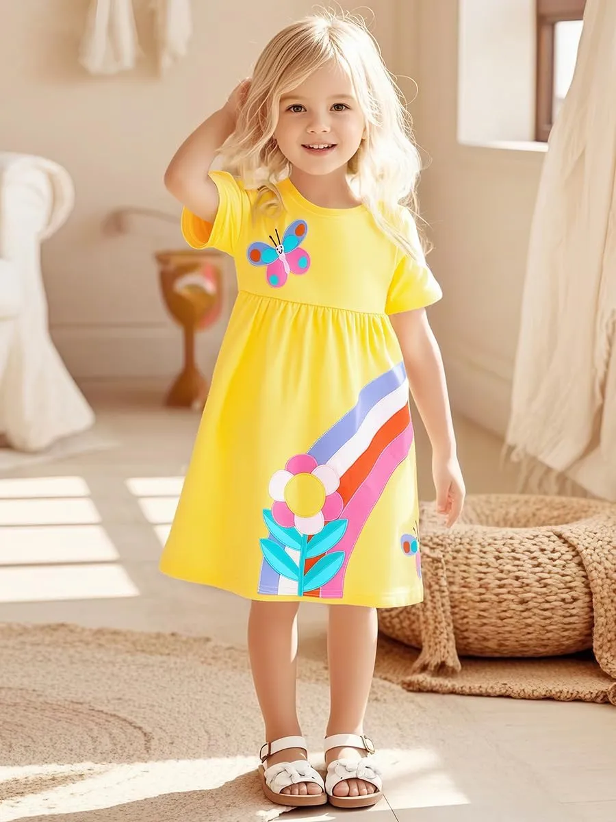 Hongshilian Toddler Girls Cotton Casual Dress Summer Playwear Short Sleeve Shirt Dresses