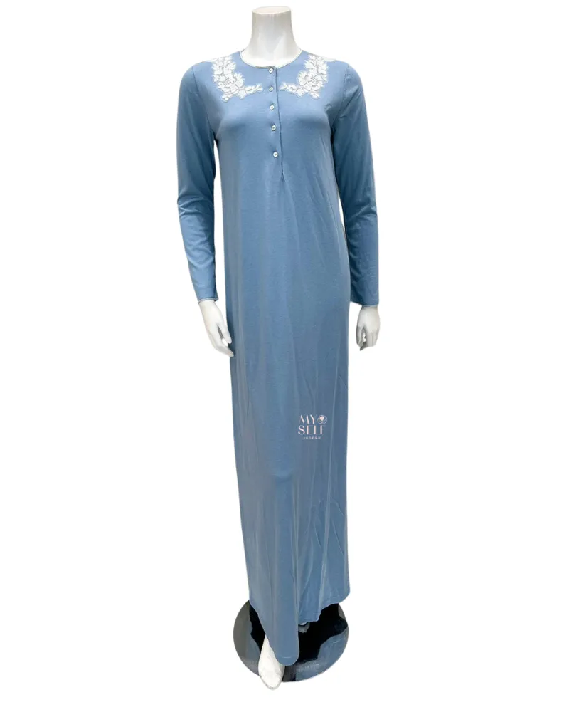 Iora Lingerie Powder Blue Lace Applique Button Down Modal Nightgown