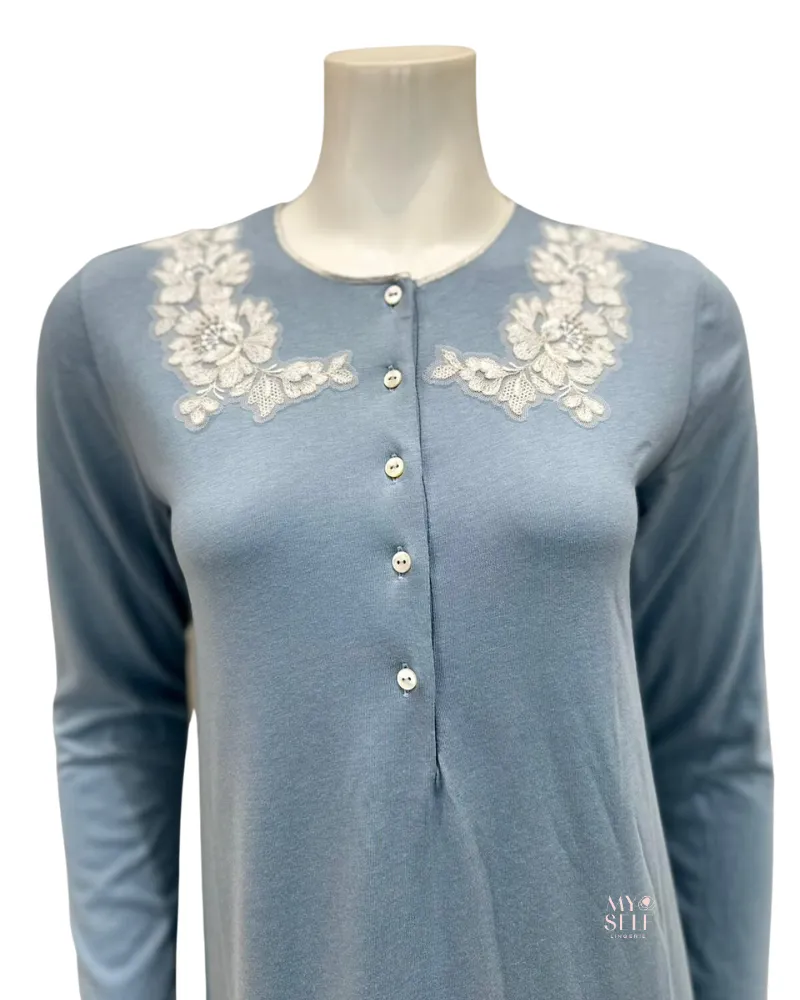 Iora Lingerie Powder Blue Lace Applique Button Down Modal Nightgown