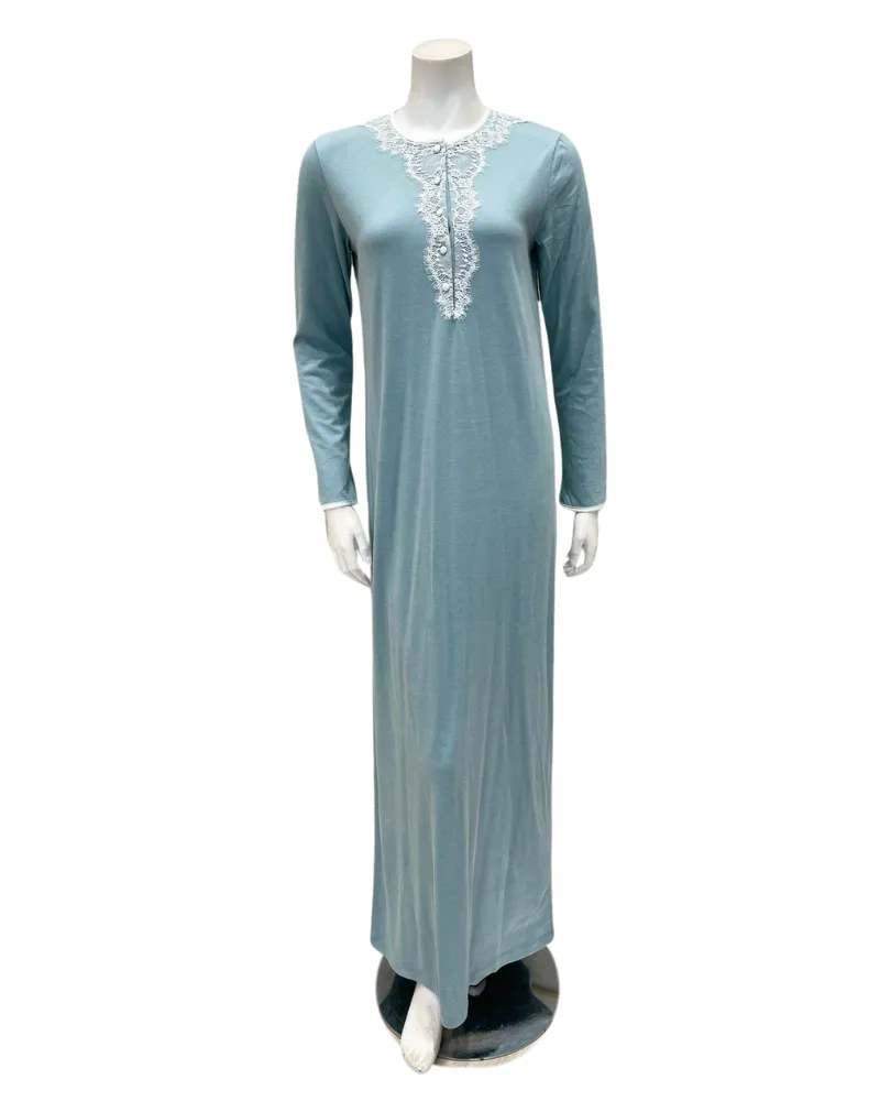 Iora Lingerie Powder Blue Medallion Lace Button Down Cotton Blend Nightgown