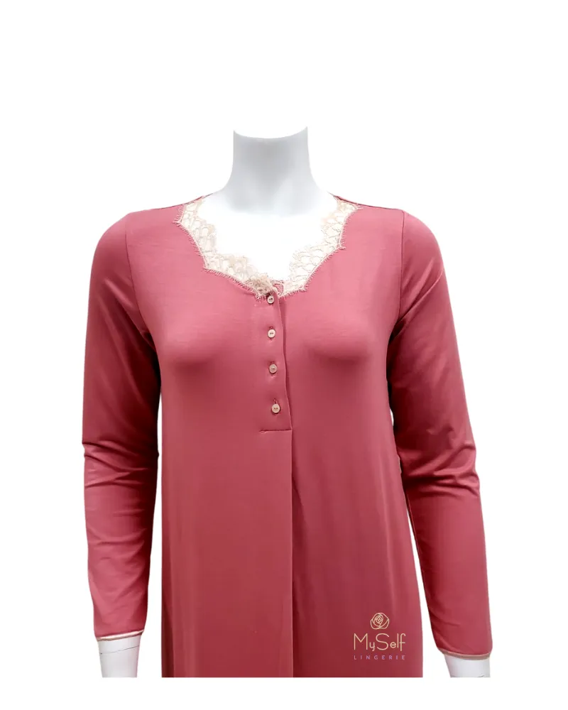 Iora Lingerie Rose Lace Scallop Neck Button Down Modal Nightgown