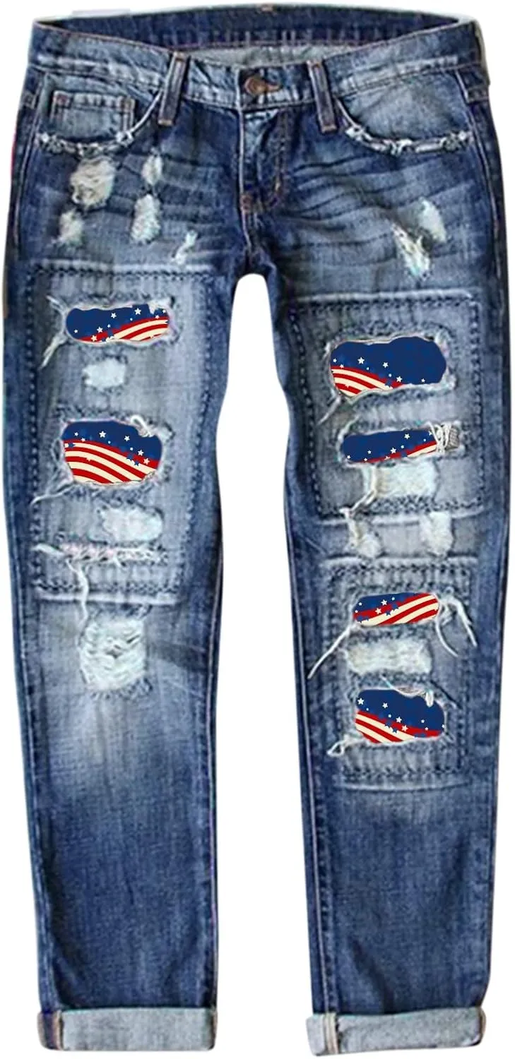 Jeans for Women Womens Jeans Independence Print Ripped Pants Denim Knit Pants