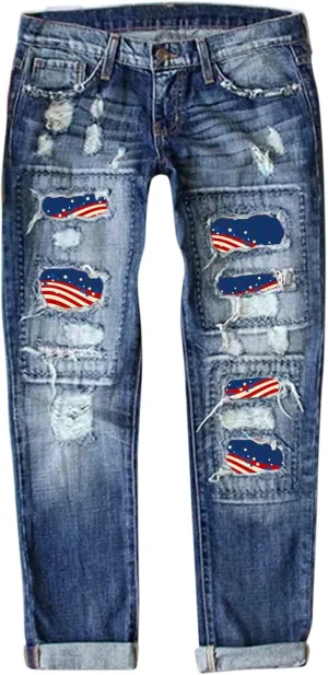 Jeans for Women Womens Jeans Independence Print Ripped Pants Denim Knit Pants