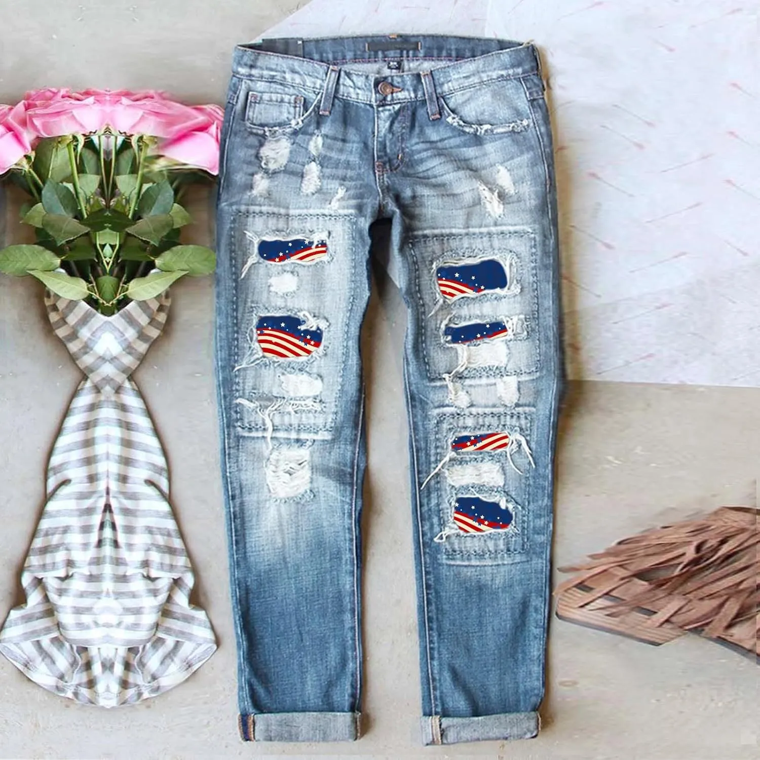 Jeans for Women Womens Jeans Independence Print Ripped Pants Denim Knit Pants