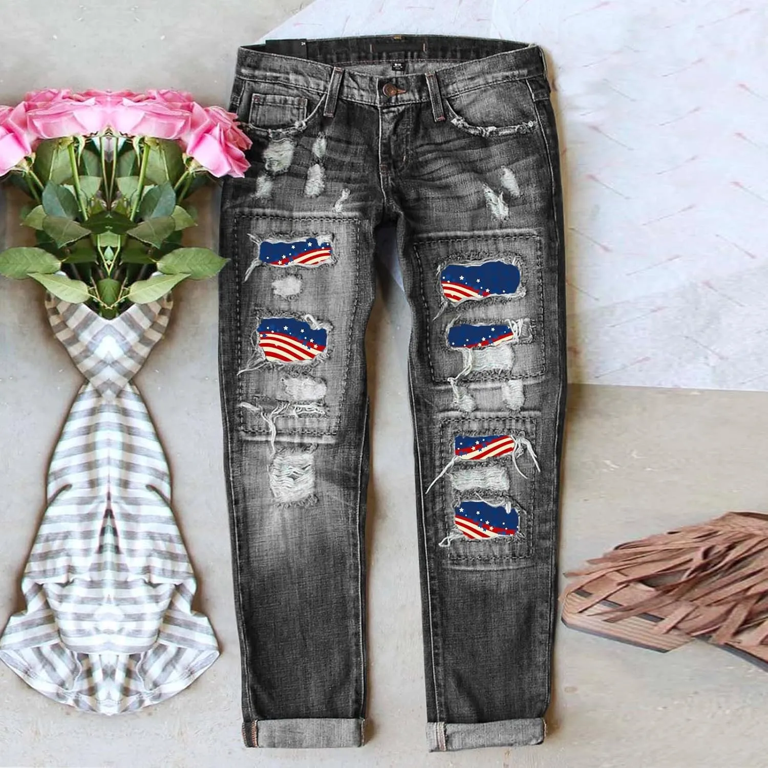 Jeans for Women Womens Jeans Independence Print Ripped Pants Denim Knit Pants