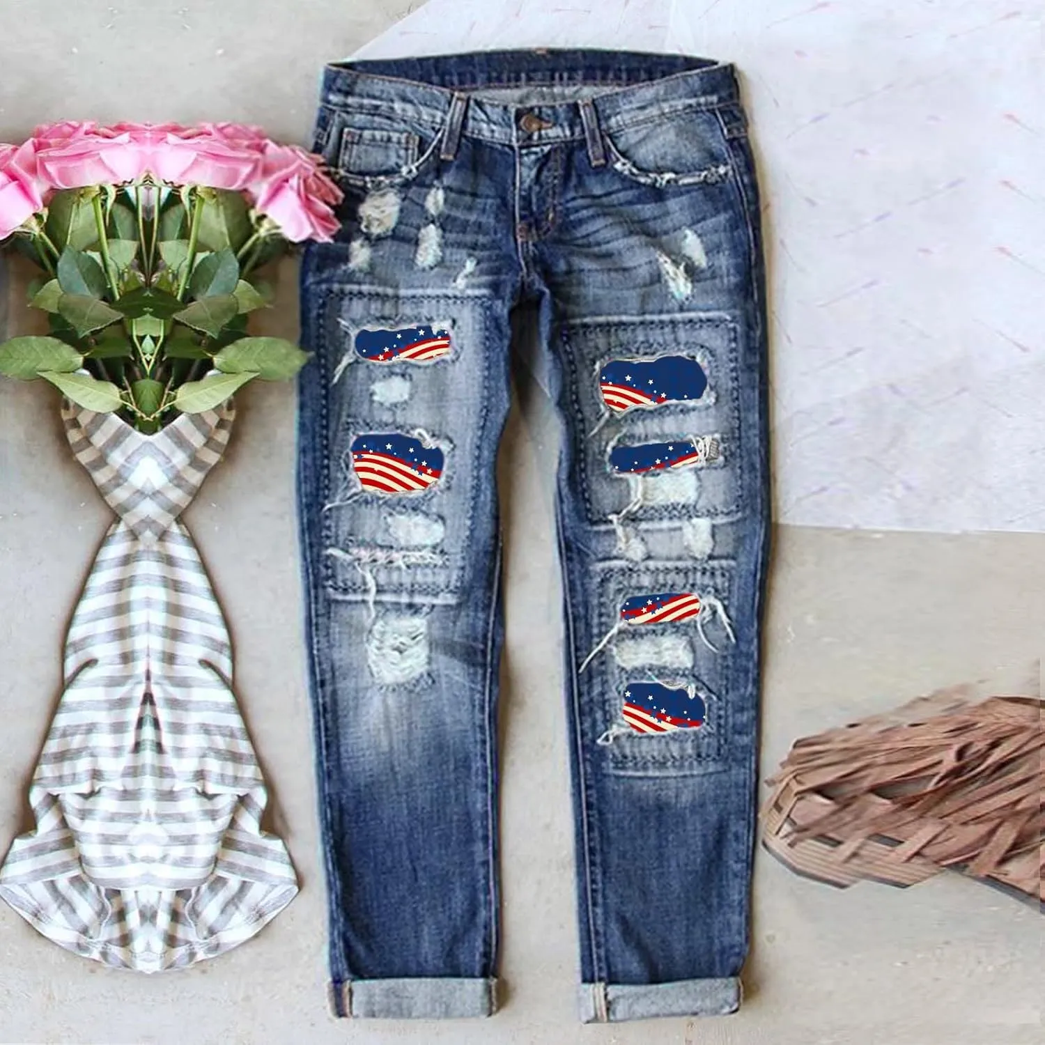 Jeans for Women Womens Jeans Independence Print Ripped Pants Denim Knit Pants