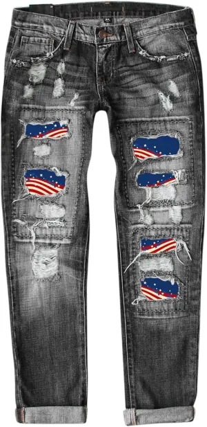 Jeans for Women Womens Jeans Independence Print Ripped Pants Denim Knit Pants