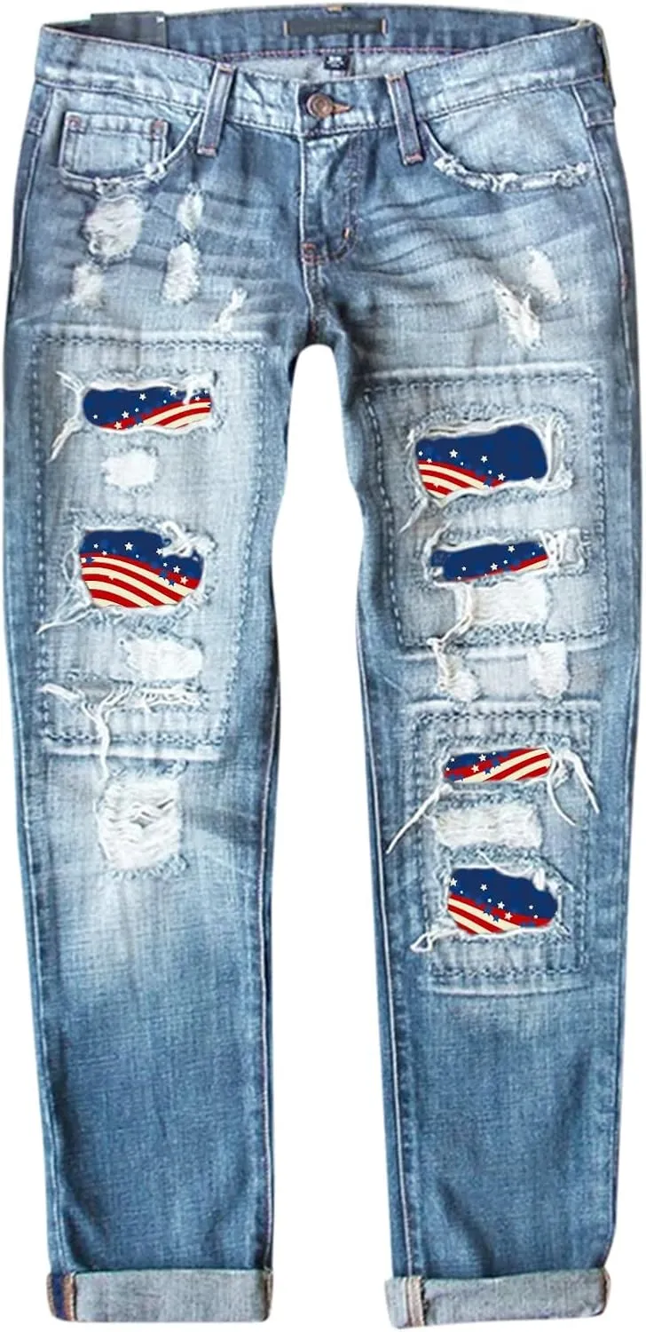 Jeans for Women Womens Jeans Independence Print Ripped Pants Denim Knit Pants